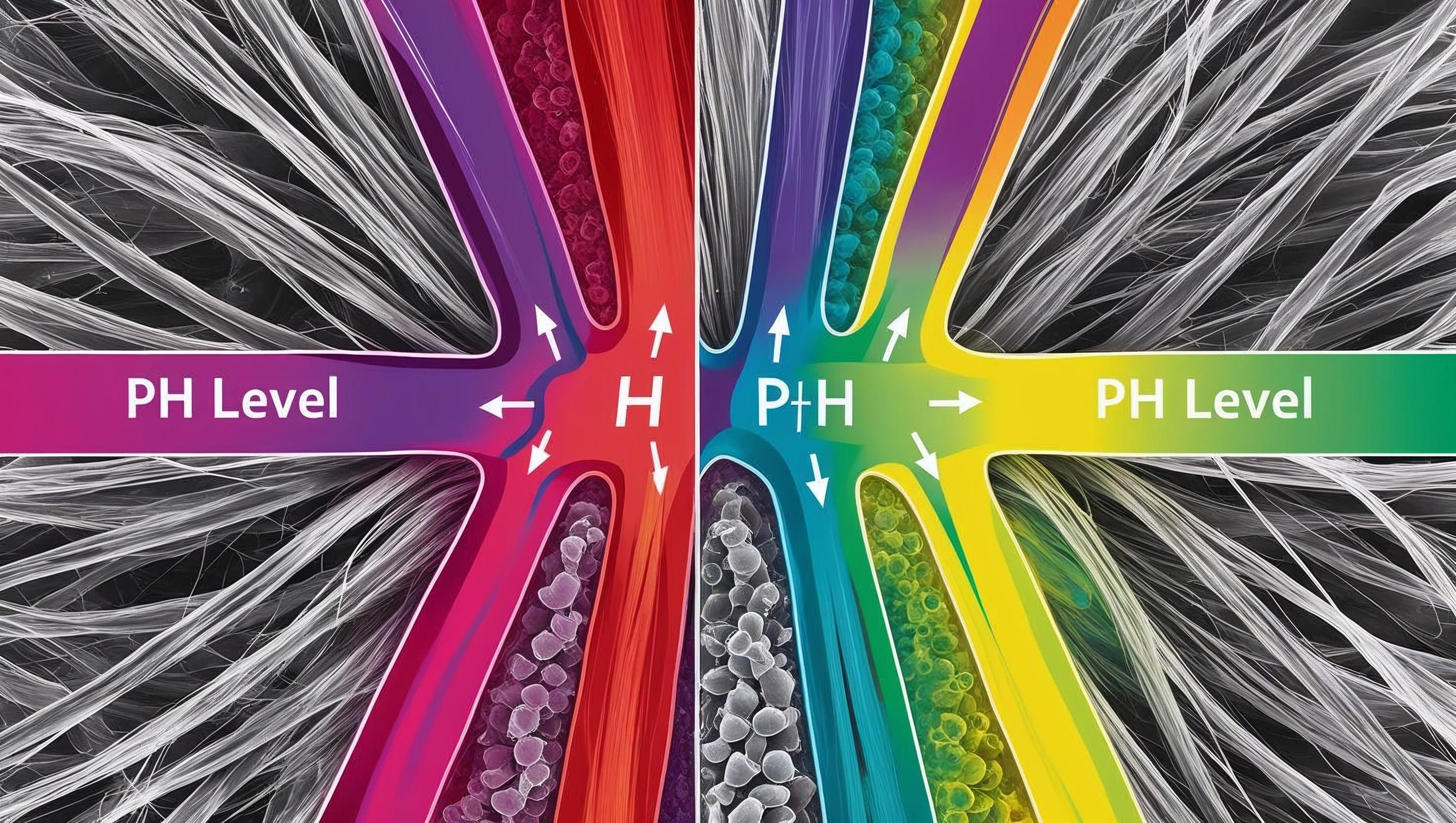 A magnified closed up of a scalp showing a pH key from acid to alkaline in the colours matching the pH chart