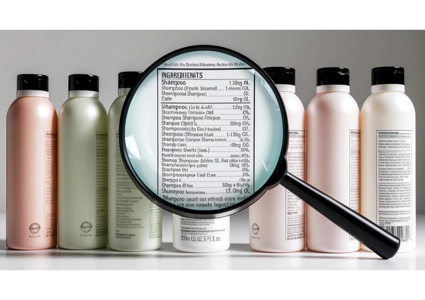Back of Shampoo Bottles with a magnifying glass showing the ingredients label